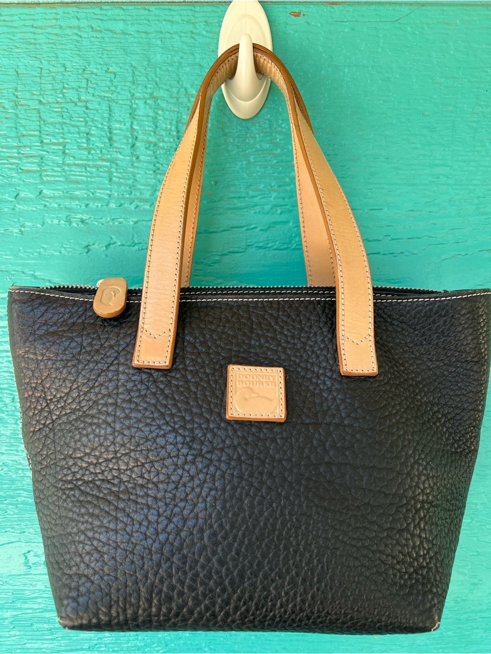 VINTAGE Y2K DOONEY & BOURKE SMALL HANDBAG TOTE PEBBLED LEATHER BLACK TAN